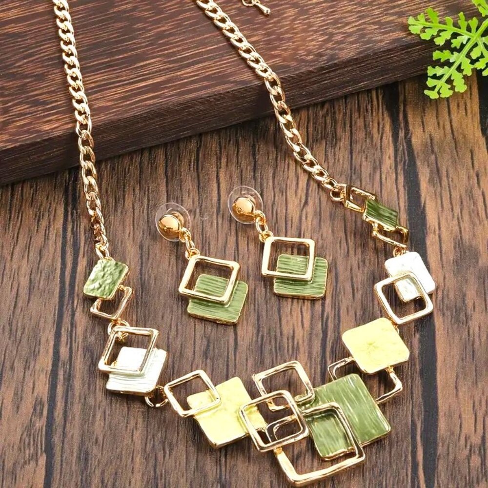Necklace & Earrings 3pc Stylish Geometric Enamel Gold Chain Dangle Trendy Glam
